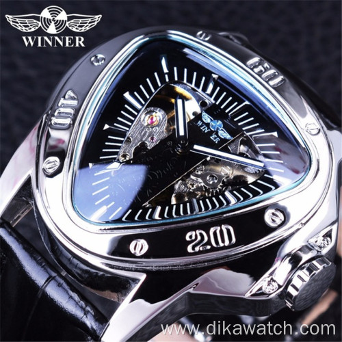 Top Brand Luxury Winner Steampunk Fashion Triangle Golden Skeleton Movement Mysterious Men Automatic Mechanical Wrist Watch